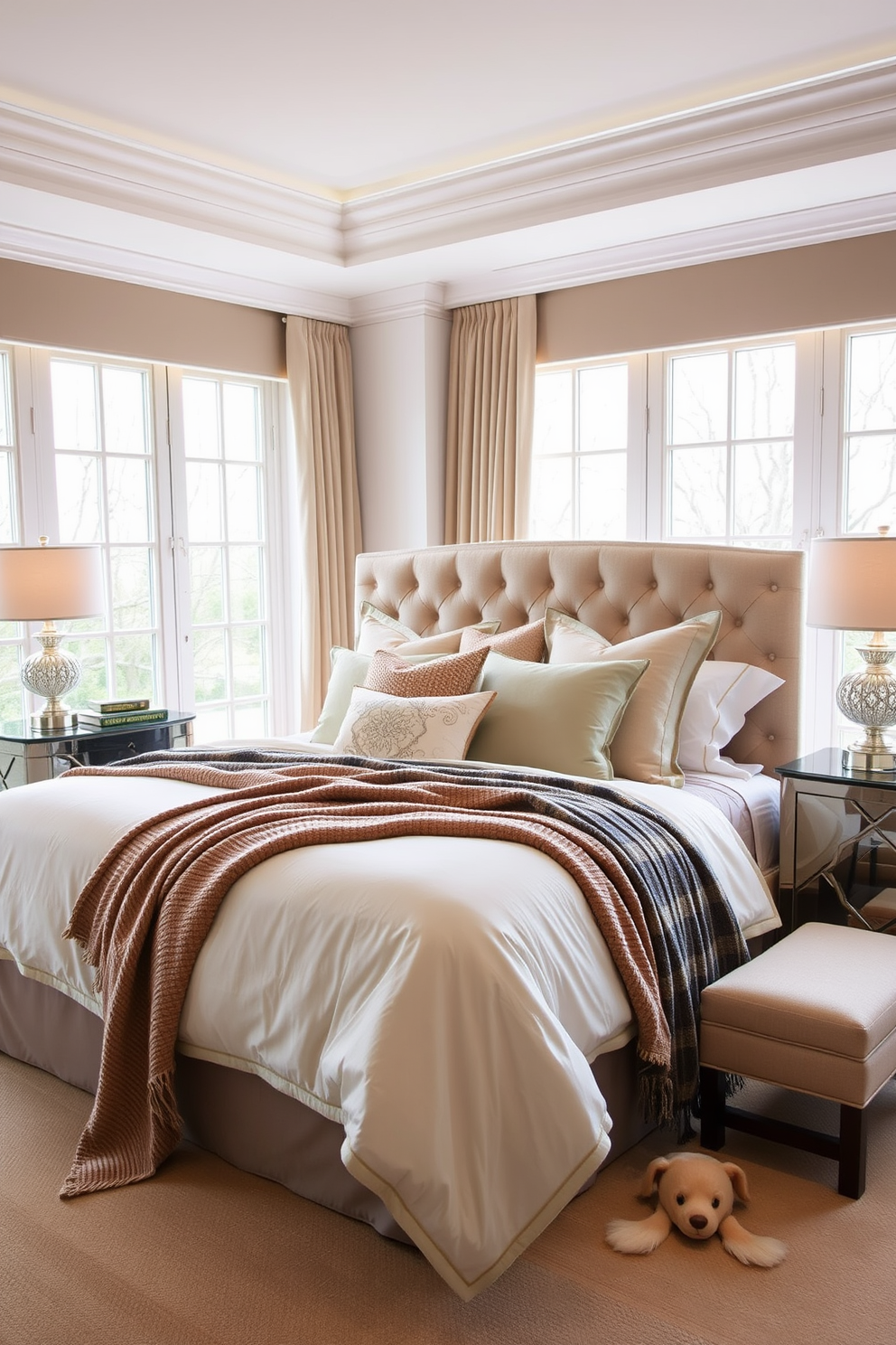 A luxurious bedroom featuring high thread count bedding in soft neutral tones. The bed is adorned with plush pillows and a stylish throw blanket, creating an inviting and elegant atmosphere. The room includes a beautifully upholstered headboard and matching nightstands with elegant lamps. Large windows allow natural light to fill the space, highlighting the rich textures and colors of the bedding.