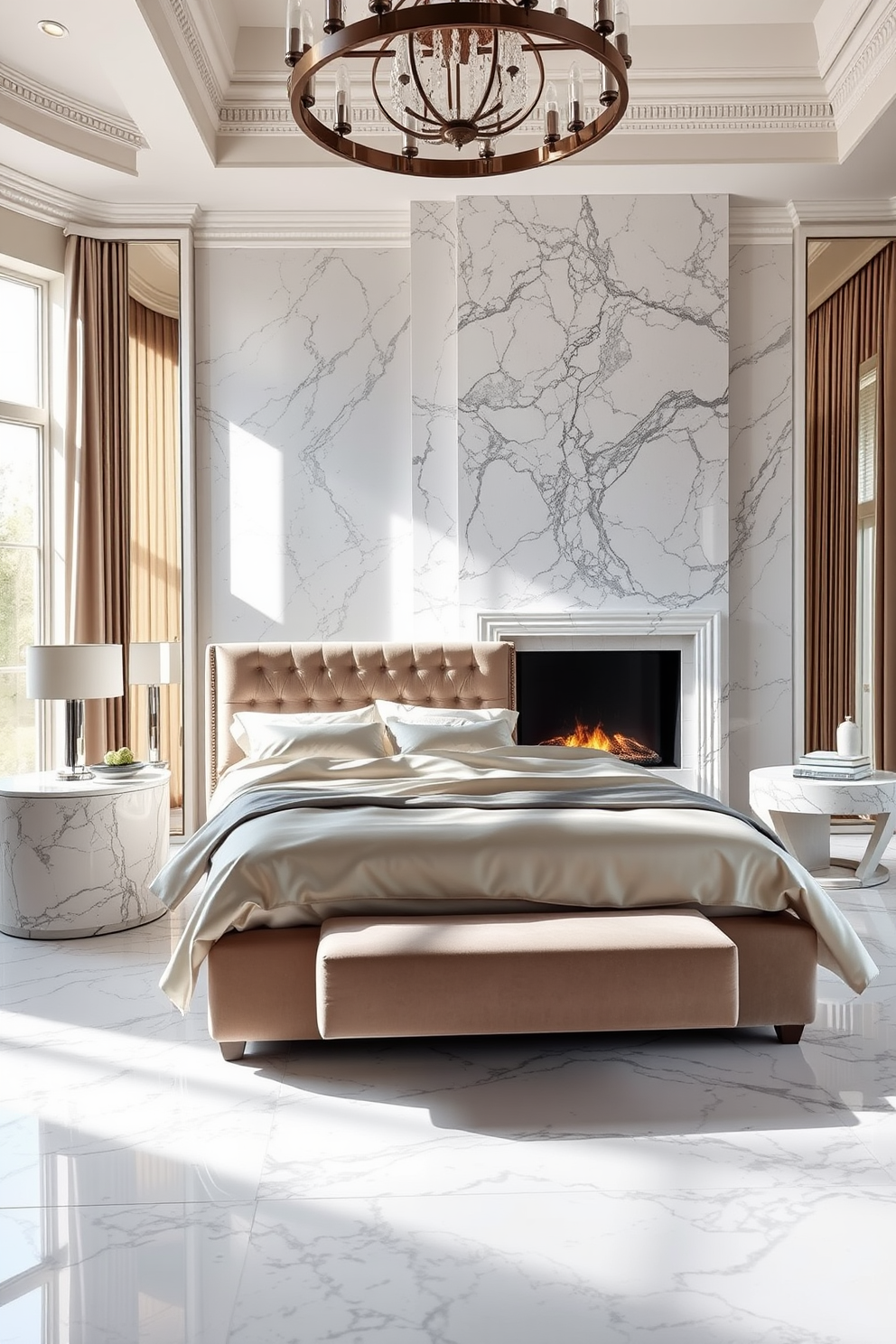 A luxurious bedroom featuring marble accents throughout the decor. The room includes a king-sized bed with a plush velvet headboard and silk bedding, complemented by marble side tables on either side. Natural light floods the space through large windows, illuminating the elegant marble fireplace that serves as a stunning focal point. Rich textures and a soft color palette of creams and grays create a serene atmosphere, perfect for relaxation.