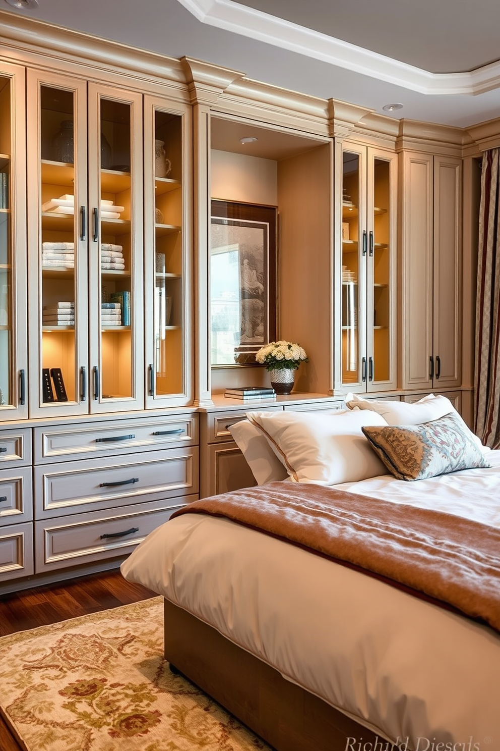 Custom built-ins create a seamless and organized space, featuring elegant cabinetry that provides ample storage while enhancing the room's aesthetics. The luxury bedroom design incorporates plush bedding, rich textures, and ambient lighting to create a serene and inviting atmosphere.