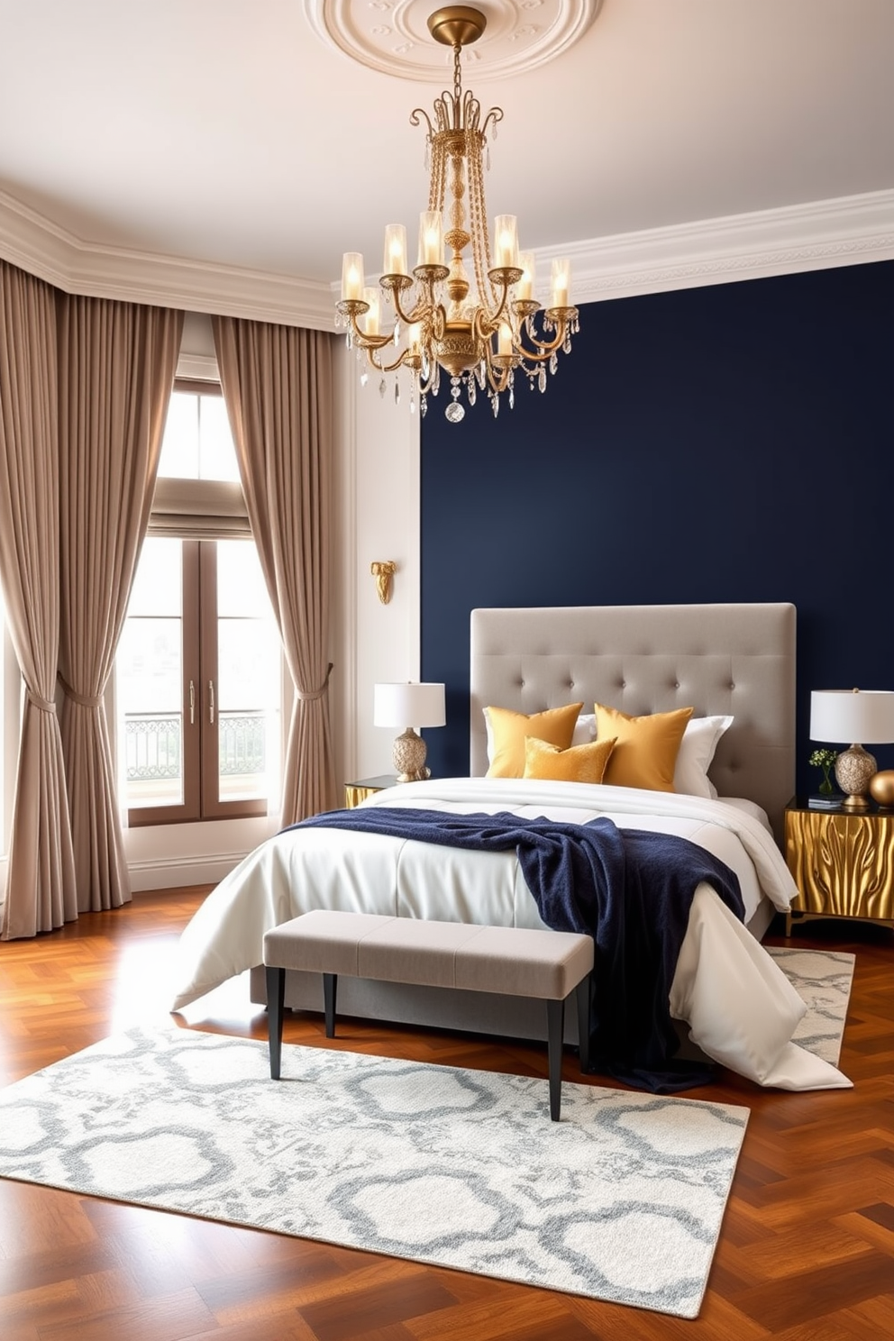 A luxury bedroom featuring sophisticated color blocking with a rich navy blue accent wall contrasting against crisp white bedding. The room includes a plush velvet headboard and gold accent pillows, with a stylish area rug in geometric patterns covering the hardwood floor. A statement chandelier hangs from the ceiling, casting a warm glow over the space. Elegant curtains frame the large windows, complementing the overall color scheme and adding a touch of softness.