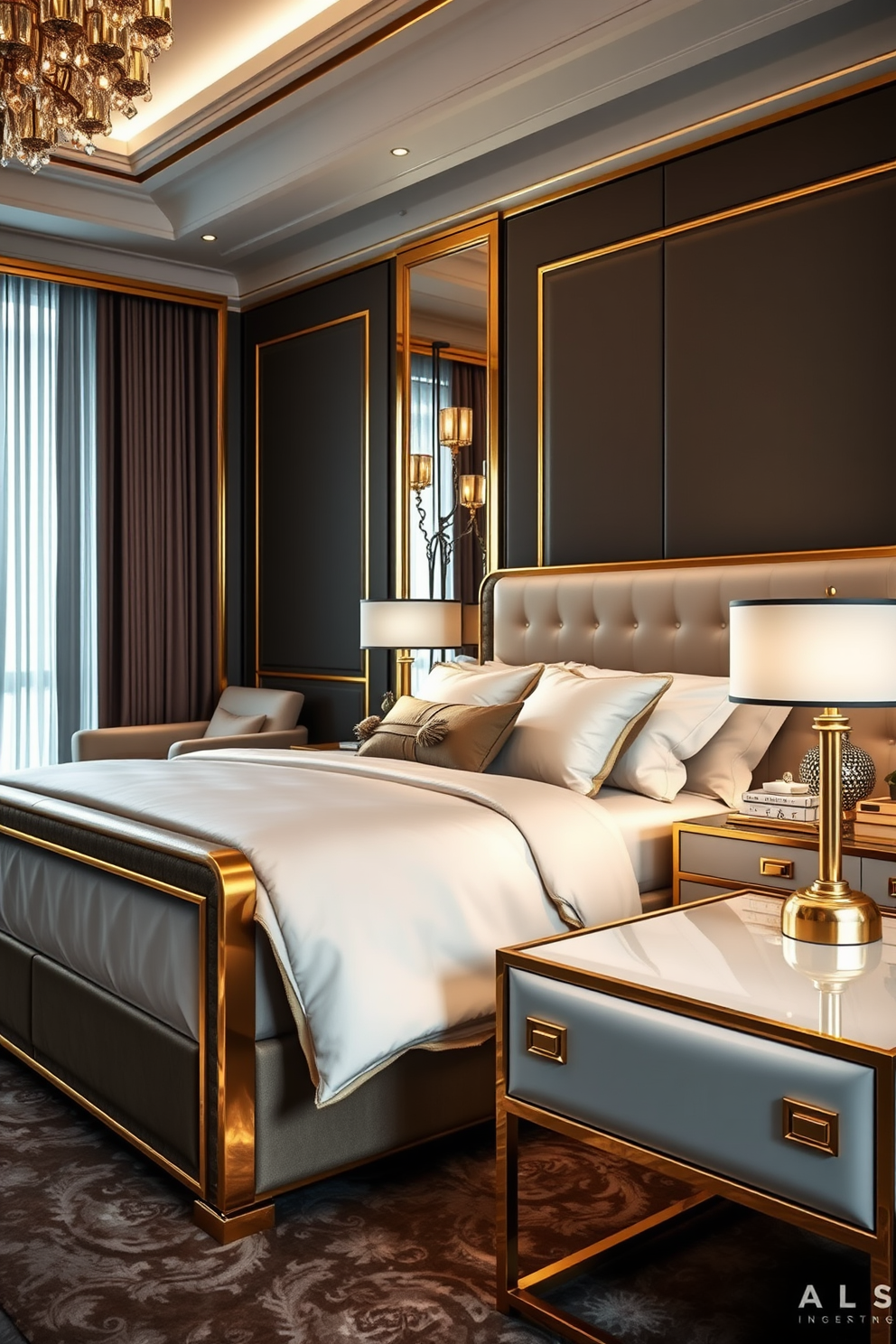 Sleek modern furniture with gold accents creates a stunning luxury bedroom atmosphere. A plush king-size bed is adorned with elegant linens, while a chic bedside table features a stylish lamp and decorative items.