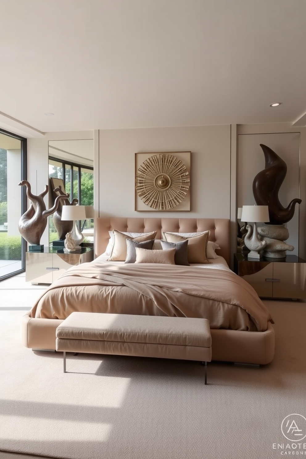 A luxury bedroom design featuring artistic sculptures as focal points. The room is adorned with a plush king-sized bed dressed in rich fabrics and elegant bedding, complemented by sculptural bedside tables. The walls are painted in soft neutral tones, creating a serene backdrop for the striking sculptures displayed strategically around the room. Large windows allow natural light to flood in, highlighting the textures and forms of the sculptures while providing a view of the lush outdoor landscape.