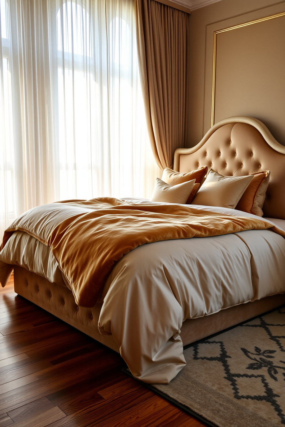 A luxurious bedroom featuring layered textures with plush throw pillows in varying shades of cream and gold. The bed is dressed in a soft velvet duvet, and an elegant upholstered headboard adds sophistication to the space. Natural light filters through sheer drapes, creating a warm and inviting atmosphere. A stylish area rug anchors the room, complementing the rich hardwood flooring beneath.