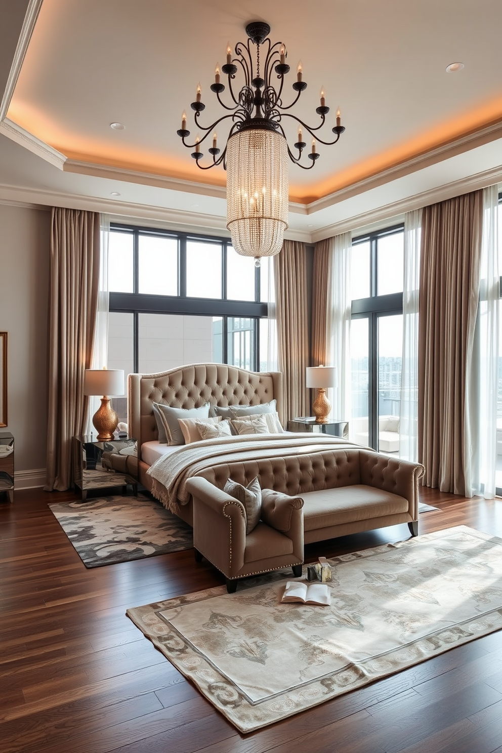 A statement chandelier hangs from the ceiling, casting a warm glow over the spacious luxury bedroom. The room features a plush king-sized bed with an elegant tufted headboard and sumptuous bedding in soft neutral tones. Rich textures adorn the space, including a velvet armchair and a silk area rug that adds depth to the hardwood floor. Large windows draped with sheer curtains allow natural light to flood in, enhancing the serene atmosphere.