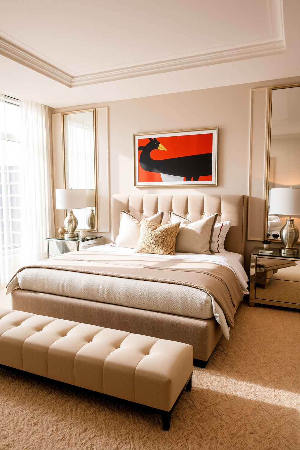 A luxury bedroom featuring a neutral color palette with soft beige walls and a plush cream carpet. The space is accented by bold artwork hung above the elegant upholstered bed, which is adorned with textured throw pillows and a cozy blanket. The room includes a stylish nightstand on either side of the bed, each topped with modern lamps that add a warm glow. A large window allows natural light to flood the space, framed by sheer curtains that enhance the tranquil atmosphere.