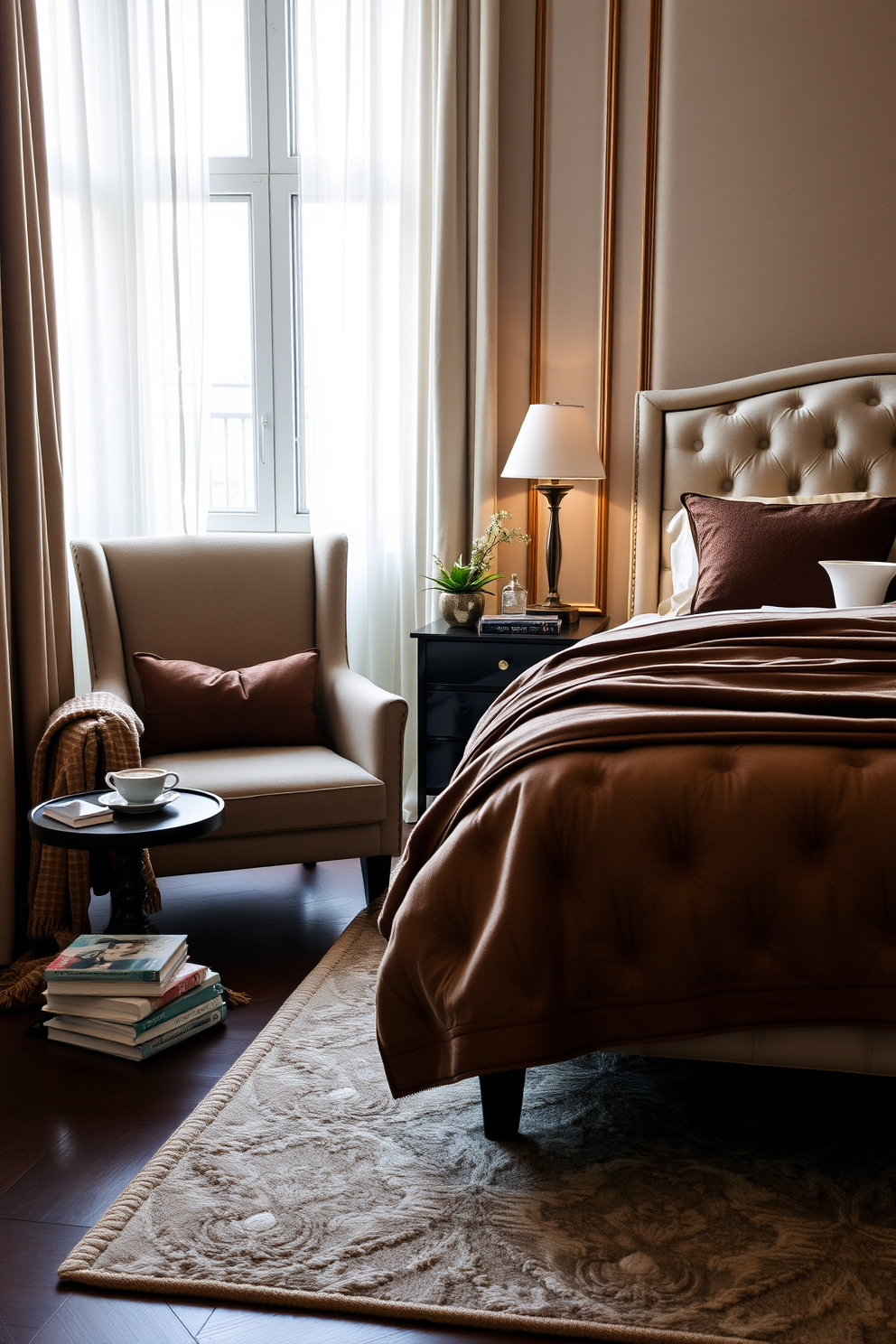 A cozy reading nook by the window features a plush armchair upholstered in soft fabric with a warm throw blanket draped over the side. A small side table holds a steaming cup of tea and a stack of well-loved books, while natural light filters through sheer curtains. The luxury bedroom design showcases a king-sized bed with an elegant tufted headboard and sumptuous bedding in rich textures. Soft ambient lighting from bedside lamps creates a serene atmosphere, complemented by a stylish area rug beneath the bed.