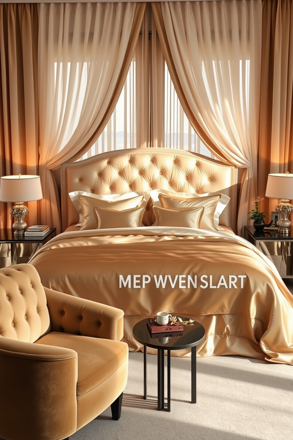 A luxurious bedroom setting featuring plush silk bedding in soft shades of cream and gold. The bed is elegantly framed with a tufted headboard and surrounded by delicate sheer curtains that filter in natural light. On either side of the bed, there are stylish nightstands with decorative lamps that cast a warm glow. A cozy seating area with a velvet armchair and a small side table adds an inviting touch to the space.