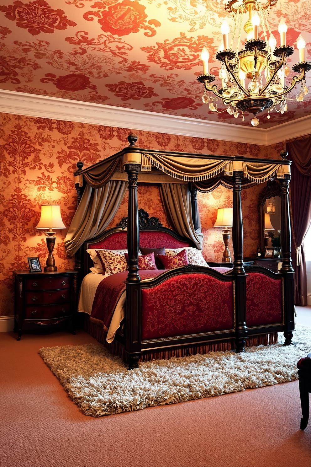 A luxury bedroom features ornate wallpaper adorned with vintage patterns in rich colors. The room is furnished with an elegant four-poster bed draped in sumptuous fabrics, complemented by antique nightstands on either side. Soft lighting creates a warm ambiance, highlighting the intricate details of the wallpaper. A plush area rug lies beneath the bed, and a vintage chandelier hangs gracefully from the ceiling.