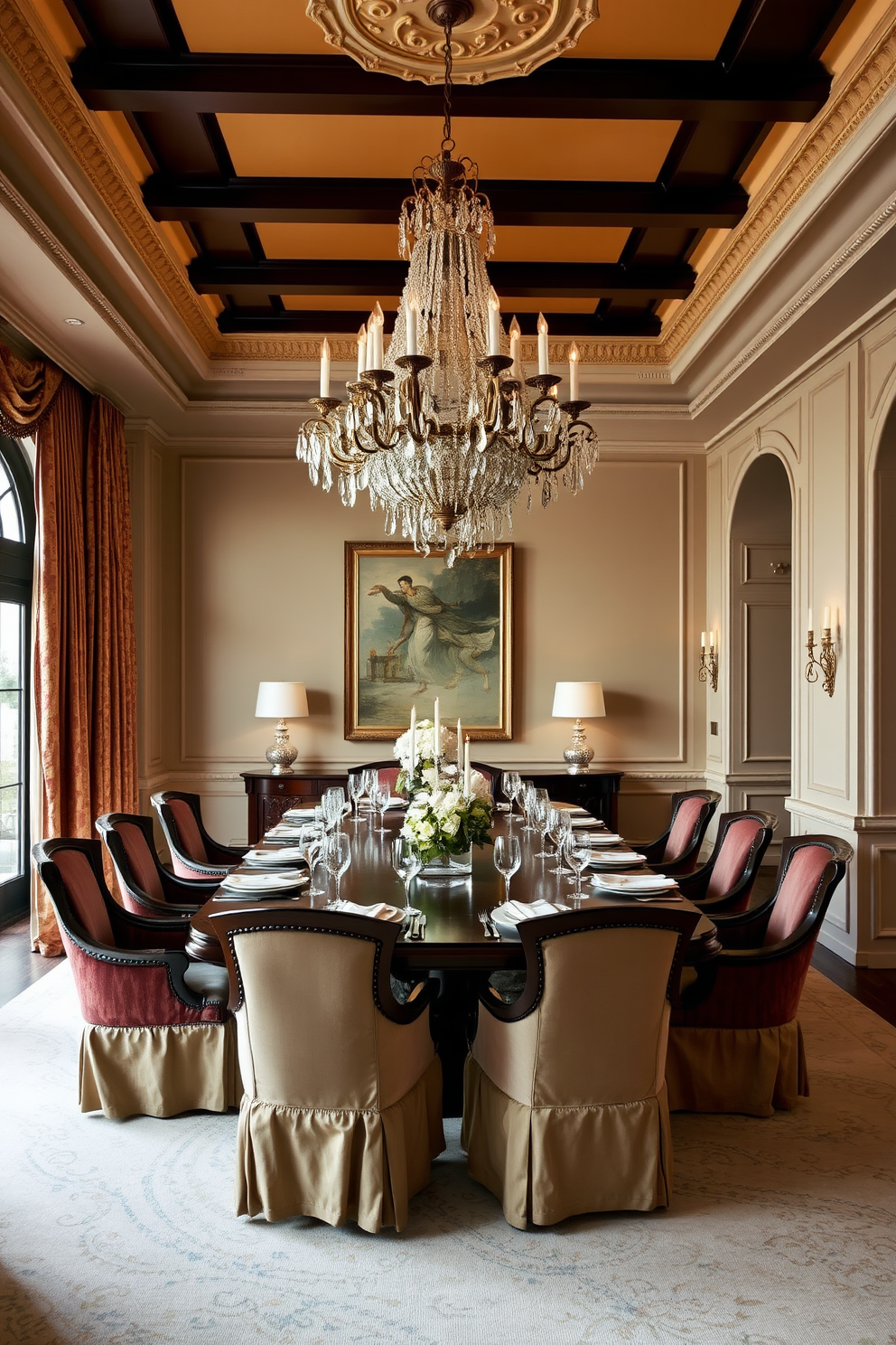 A luxurious dining room features an elegant chandelier that hangs gracefully above a grand wooden table. The table is set with fine china and crystal glassware, surrounded by plush upholstered chairs in rich fabrics.