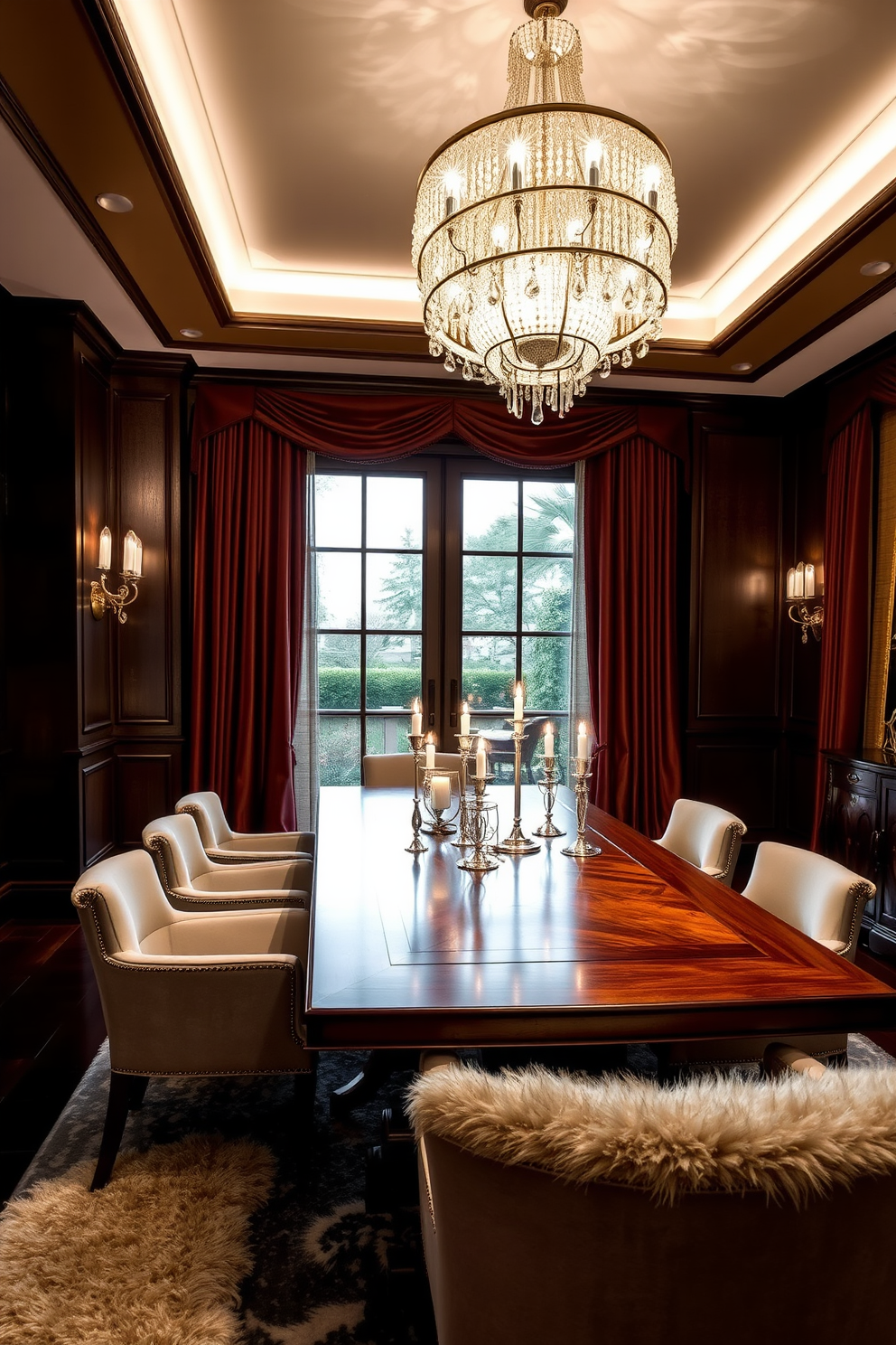 A luxury dining room featuring layered lighting that creates a warm and inviting ambiance. The space includes an elegant wooden dining table surrounded by plush upholstered chairs, with a stunning chandelier above that casts a soft glow. Wall sconces are strategically placed to enhance the atmosphere, while candles on the table add a touch of intimacy. Rich textures and colors are incorporated through a plush area rug and sumptuous drapes that frame large windows.