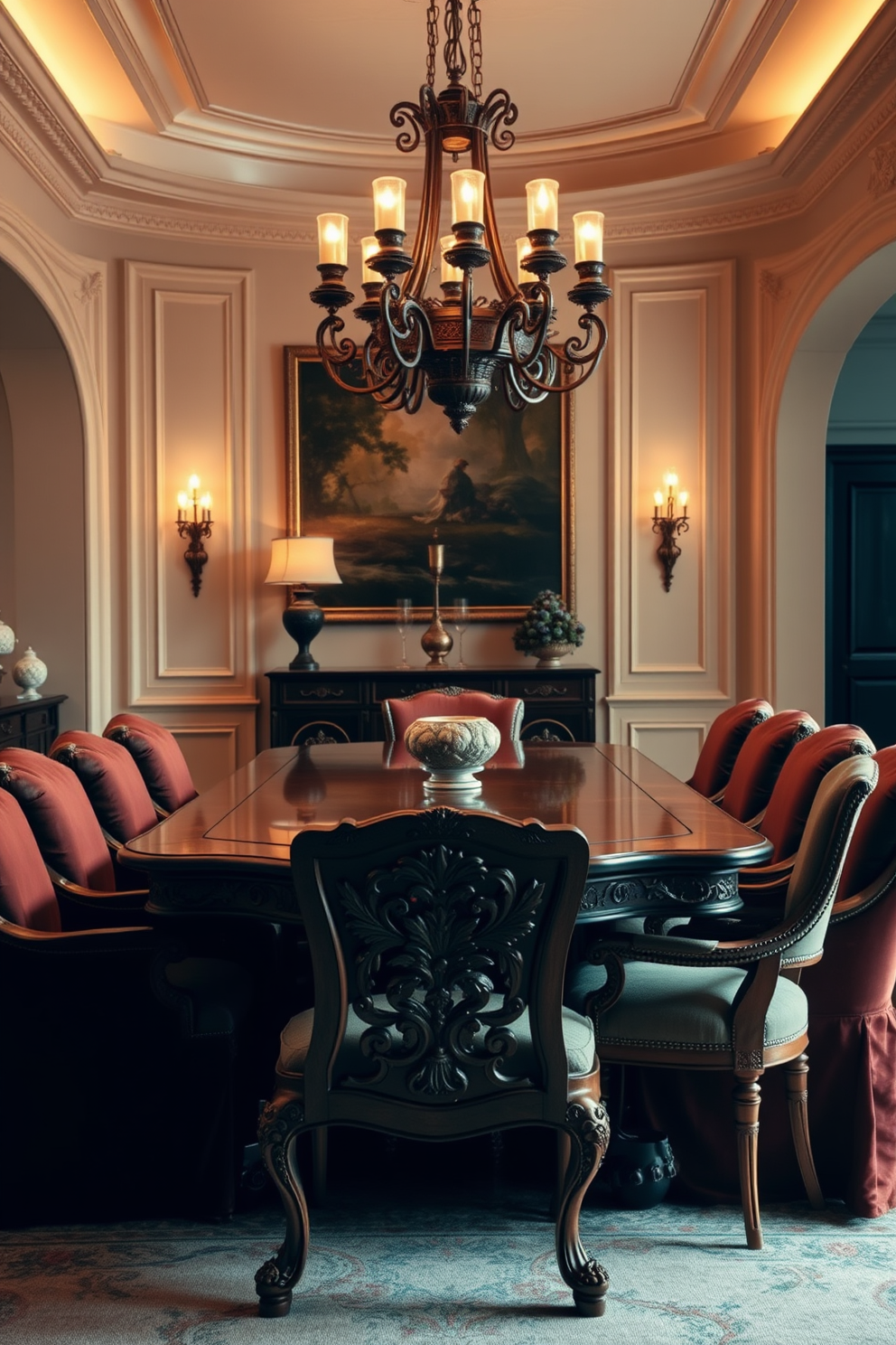 A classic wooden dining table with intricate carvings takes center stage in a luxurious dining room. Surrounding the table are plush upholstered chairs in rich fabrics, creating an inviting atmosphere for elegant gatherings. The walls are adorned with tasteful artwork and soft, ambient lighting enhances the room's sophistication. A stunning chandelier hangs overhead, casting a warm glow over the dining experience.