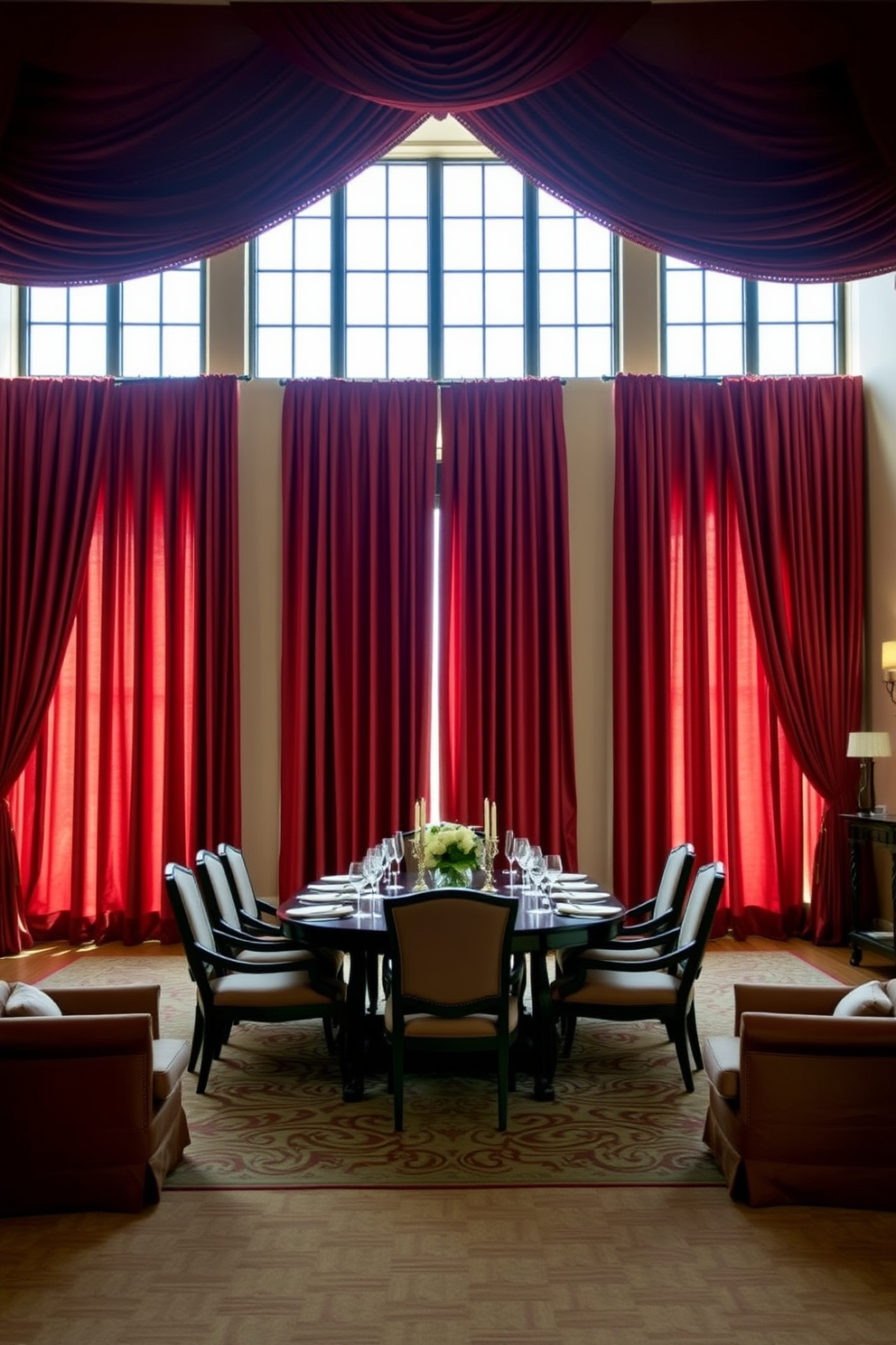 Luxurious drapes frame the tall windows, cascading elegantly to the floor in rich, deep colors. The dining room features a grand table set for eight, surrounded by plush upholstered chairs that invite comfort and sophistication.