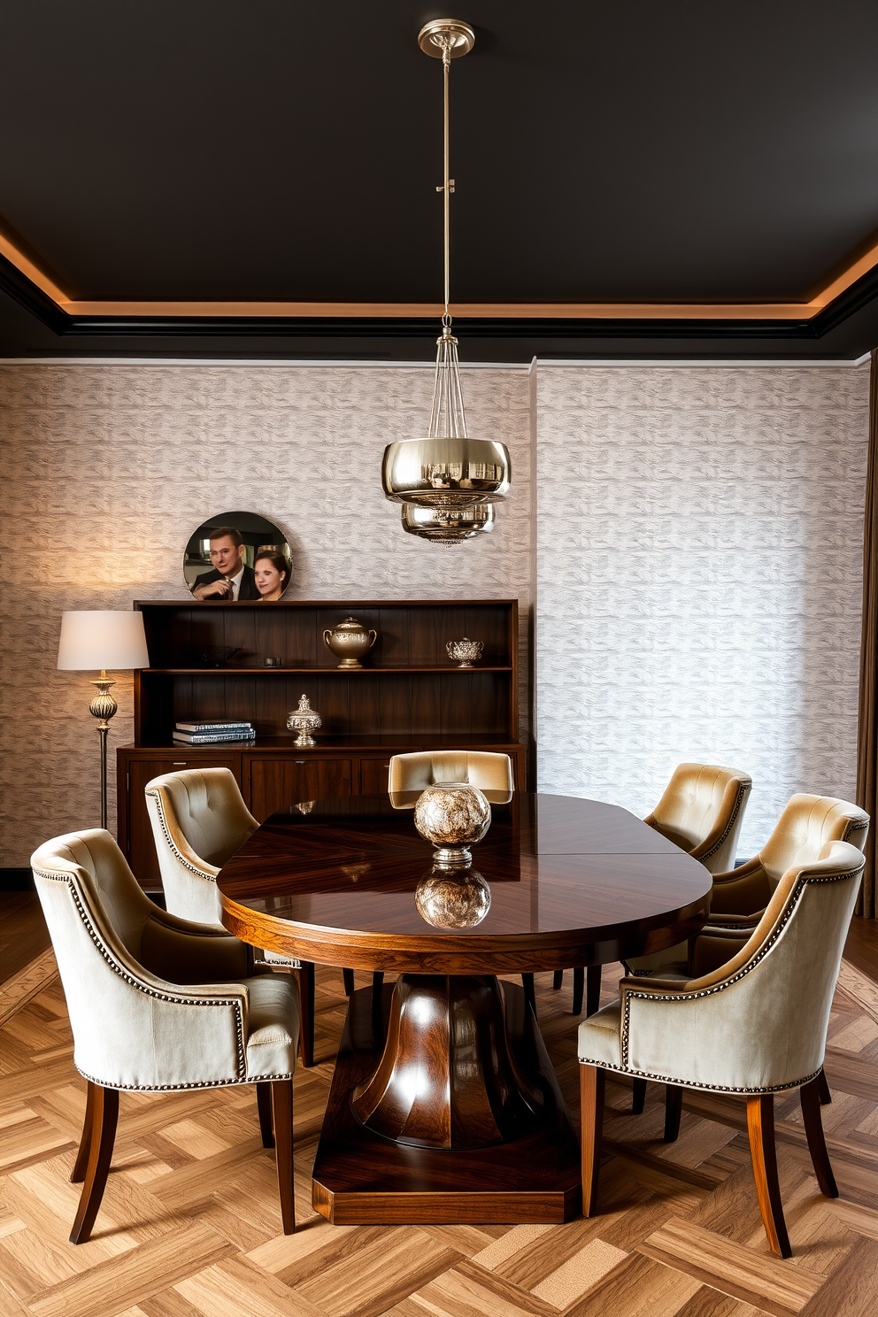 A luxury dining room featuring a stunning wooden dining table with a polished finish surrounded by plush velvet chairs. The room is accented with metallic light fixtures that add a touch of elegance against the soft, textured wallpaper.