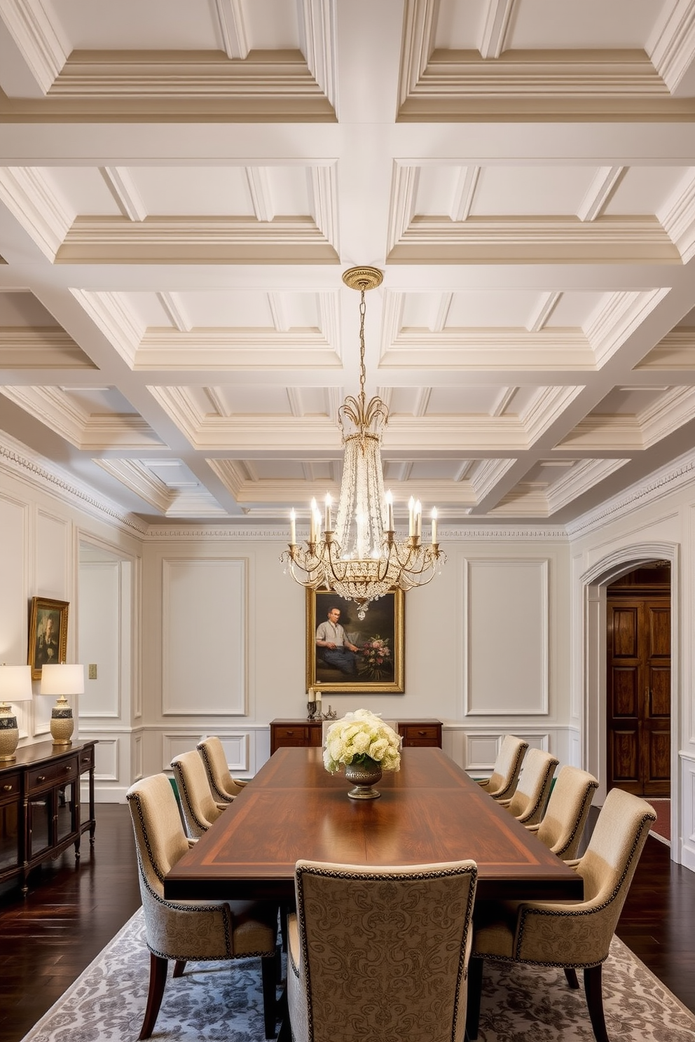 A luxury dining room featuring a statement ceiling adorned with intricate moldings that draw the eye upward. The room is illuminated by a stunning chandelier that hangs elegantly above a long wooden dining table, surrounded by plush upholstered chairs.