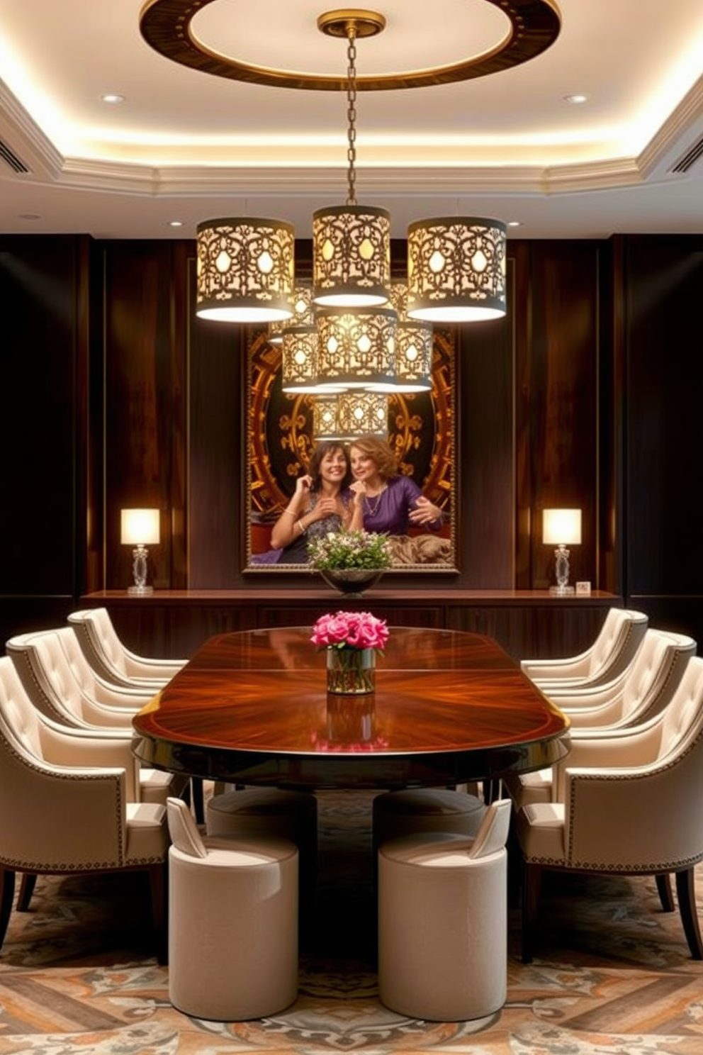 A luxury dining room featuring a grand table made of dark wood surrounded by elegant upholstered chairs. Above the table, unique pendant lights with intricate designs cast a warm glow, enhancing the sophisticated ambiance.