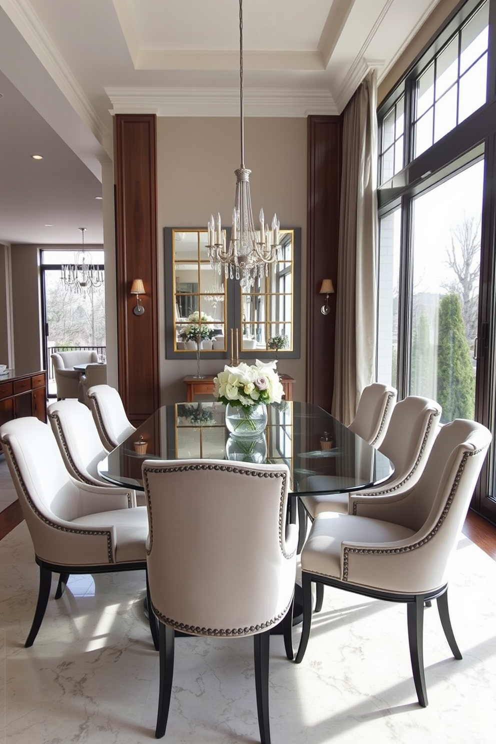 A spacious luxury dining room features a glass dining table surrounded by elegant upholstered chairs. Soft natural light floods the space through large windows, enhancing the airy atmosphere and highlighting the tasteful decor.