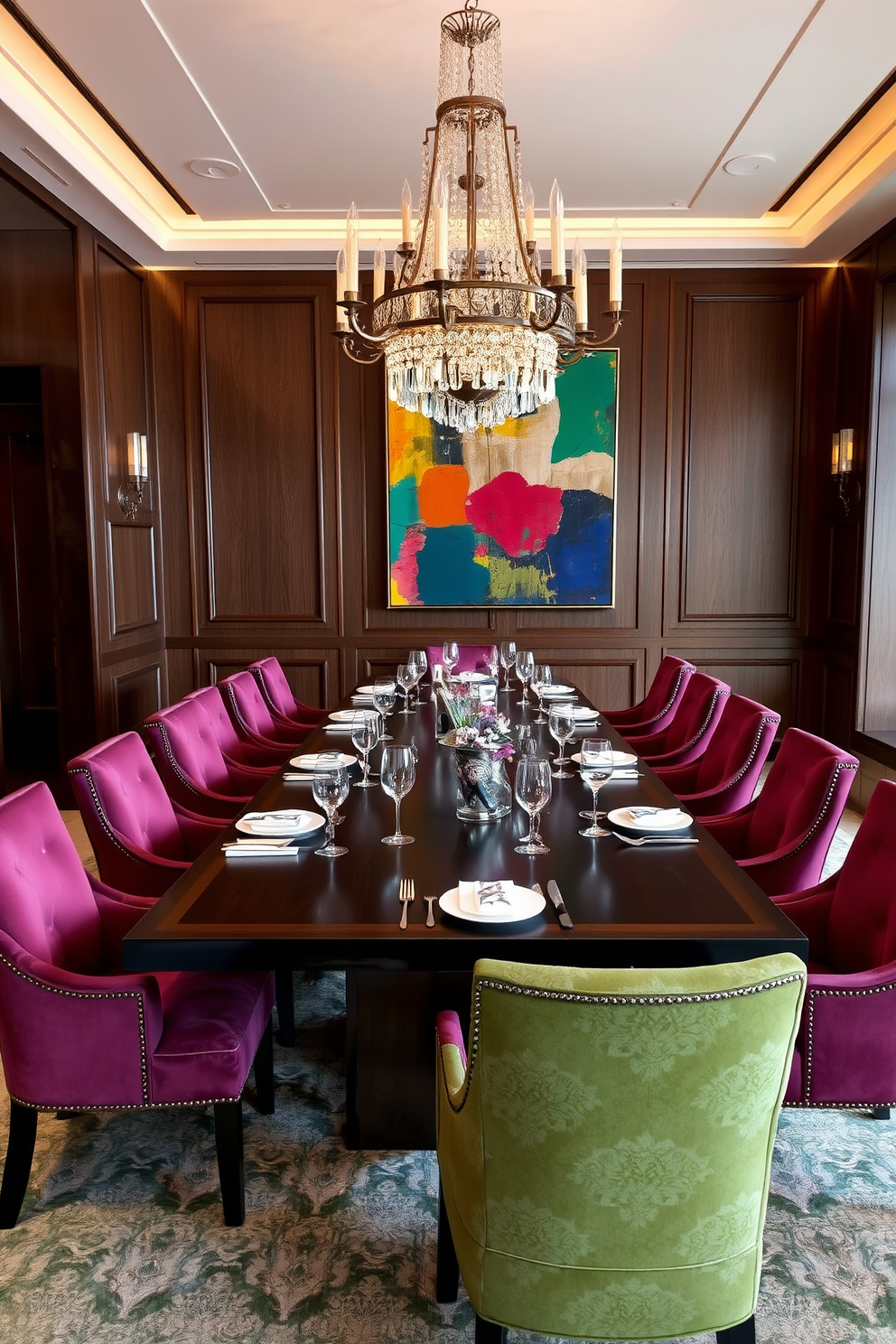 A luxury dining room setting featuring a large rectangular table made of dark wood surrounded by upholstered chairs in rich jewel tones. The walls are adorned with colorful abstract art pieces that add vibrancy and inspire conversation among guests. A stunning chandelier hangs above the table, casting a warm glow over the space. Elegant table settings with fine china and crystal glassware enhance the sophisticated atmosphere of the room.