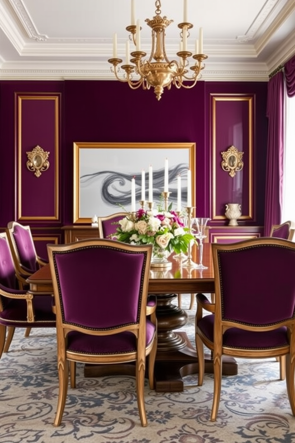 A luxurious dining room featuring rich velvet upholstered dining chairs in deep jewel tones. The chairs are paired with a grand wooden dining table adorned with an elegant centerpiece of fresh flowers and candles.