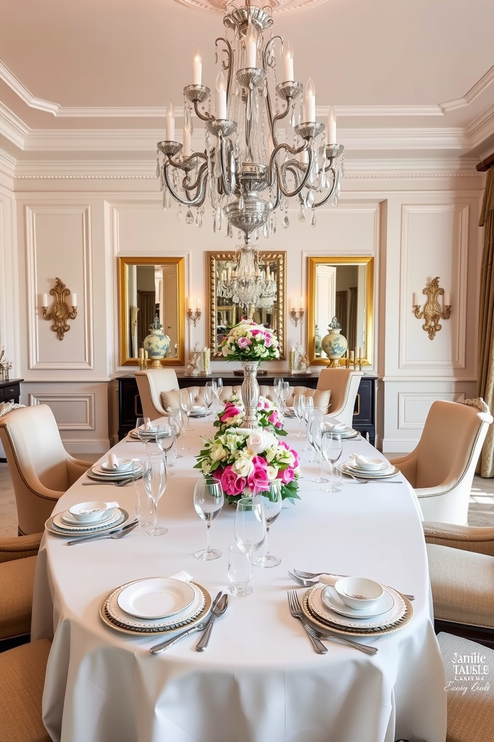 A luxury dining room featuring a grand wooden table with a polished finish surrounded by upholstered chairs in rich velvet. The room is adorned with a statement chandelier that casts a warm glow, while a plush area rug adds softness underfoot. The walls are painted in a deep navy blue, complemented by gold accents in the decor. Large windows draped with flowing sheer curtains allow natural light to filter in, highlighting the mix of textures throughout the space.