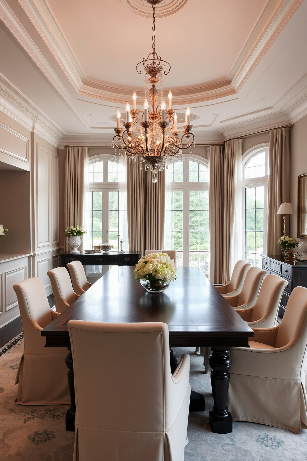 A luxury dining room featuring a large rectangular table made of dark wood surrounded by upholstered chairs in soft neutral tones. The walls are adorned with elegant wainscoting and a beautiful chandelier hangs above the table, casting a warm glow across the space. A buffet console table is placed against one wall, displaying fine china and decorative accents. Large windows draped with sheer curtains allow natural light to filter in, enhancing the serene atmosphere of the room.