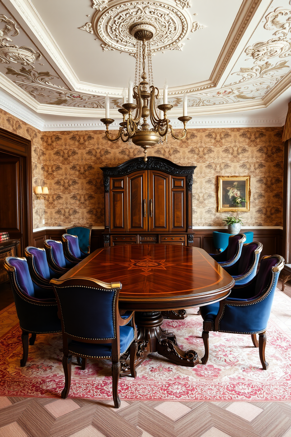 A luxury dining room features a grand wooden table with intricate carvings, surrounded by plush upholstered chairs in rich jewel tones. The walls are adorned with vintage wallpaper that adds a touch of nostalgia, while an elegant chandelier hangs from the ceiling, casting a warm glow over the space.