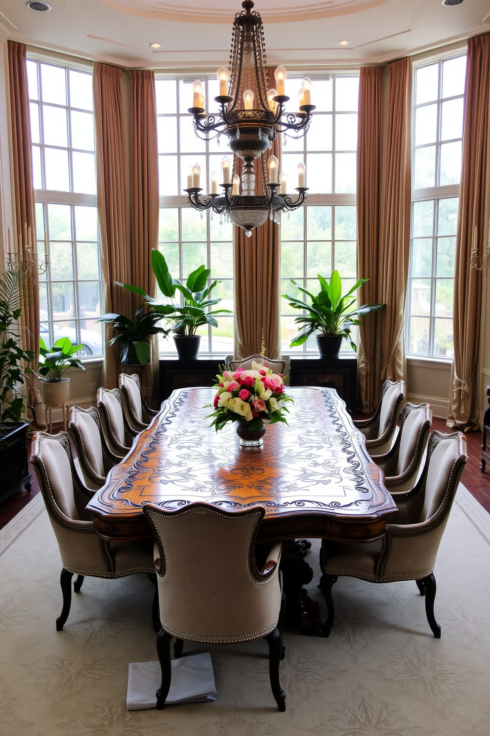 A luxurious dining room featuring a grand wooden table with intricate carvings surrounded by plush upholstered chairs. The room is adorned with large windows that let in natural light, framed by elegant drapes, while potted plants and fresh flowers add a touch of greenery to the space.