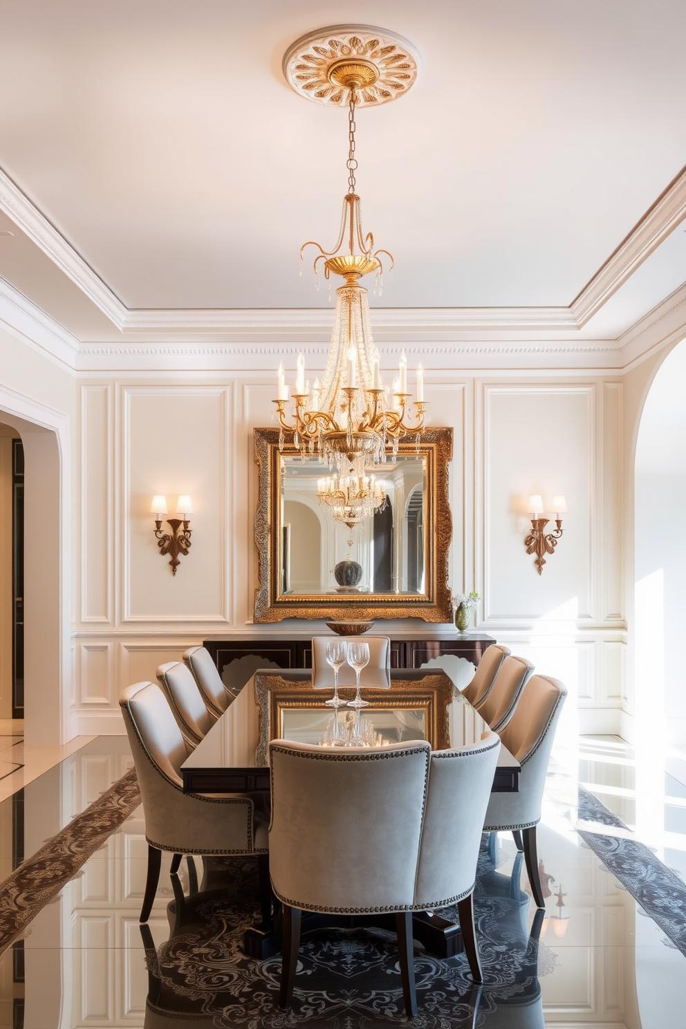 A luxurious dining room featuring mirrored surfaces that reflect light beautifully. The space is adorned with an elegant chandelier that casts a warm glow over a long wooden table surrounded by plush upholstered chairs. The walls are painted in a soft cream color, enhancing the brightness of the room. A large mirror with an ornate frame hangs prominently, adding depth and sophistication to the design.