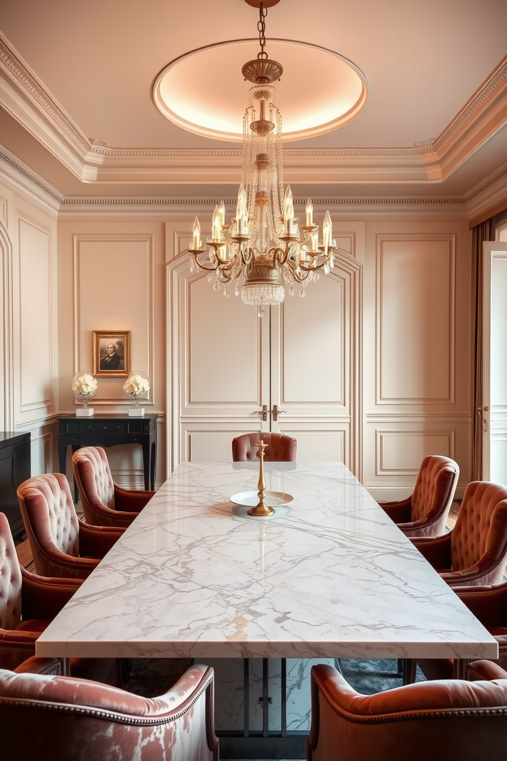 A luxurious dining room featuring a large marble dining table adorned with elegant gold accents. Surrounding the table are plush upholstered chairs in a rich velvet fabric, creating a sophisticated atmosphere. The walls are painted in a soft cream color, enhancing the room's warmth and elegance. A stunning chandelier hangs from the ceiling, casting a warm glow over the dining area.