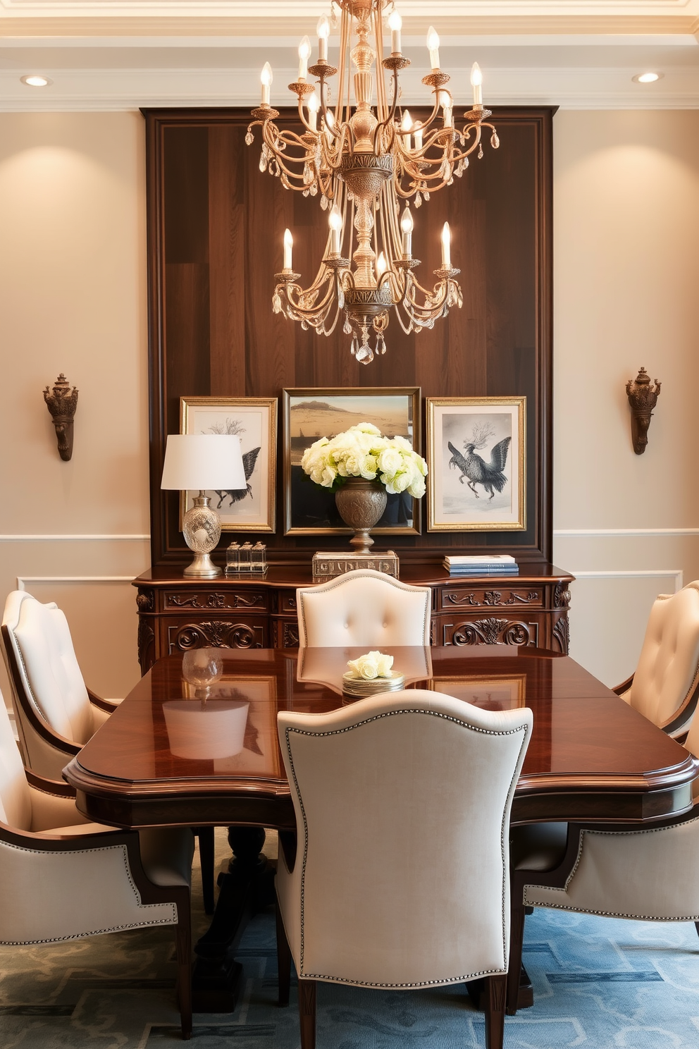 A stylish sideboard with intricate detailing serves as the focal point of the dining room. It features elegant carvings and a rich wood finish that complements the overall decor. The dining room is adorned with a statement chandelier that casts a warm glow over the space. Plush upholstered chairs surround a large, polished dining table, creating an inviting atmosphere for gatherings.