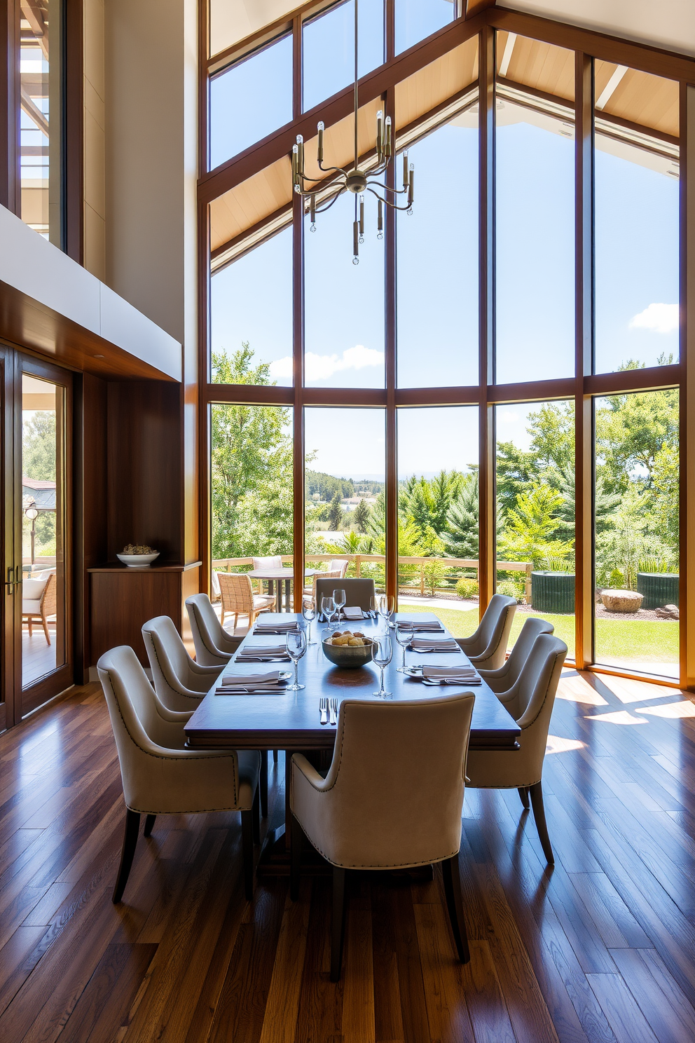 A luxury dining room featuring floor-to-ceiling windows that flood the space with natural light. The room is adorned with an elegant wooden dining table surrounded by plush upholstered chairs in a soft neutral tone.