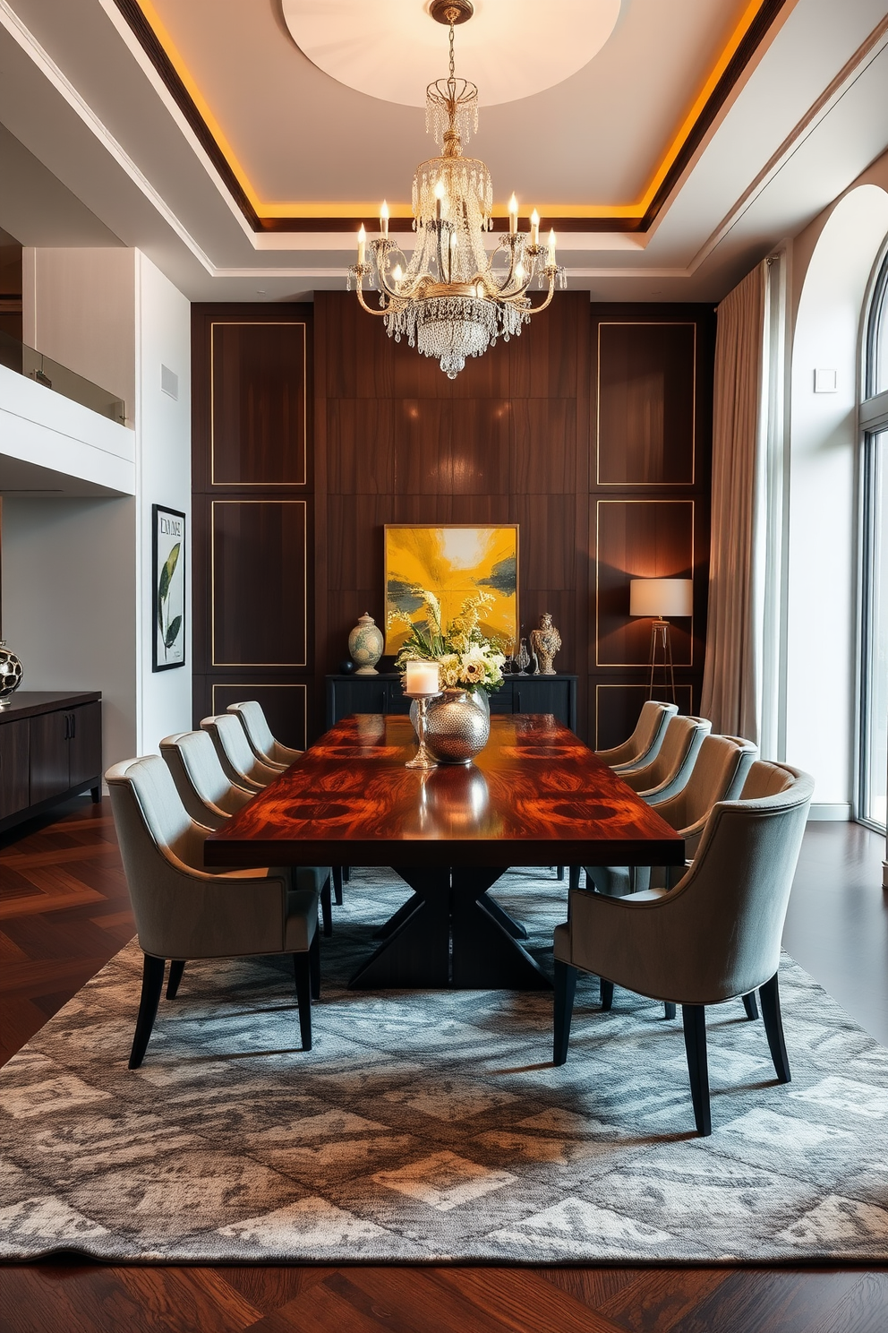 A luxury dining room featuring a large wooden table surrounded by upholstered chairs. Underneath the table, there is a geometric patterned area rug that adds texture and visual interest to the space. The room is adorned with an elegant chandelier hanging from the ceiling, casting a warm glow over the dining area. Rich colors and sophisticated decor elements create an inviting and upscale atmosphere.