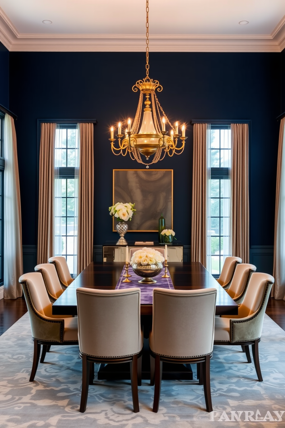 A luxurious dining room featuring a bold accent wall painted in deep navy blue. The room is adorned with an elegant chandelier that casts a warm glow over a large wooden dining table surrounded by plush upholstered chairs. Rich textures and materials are incorporated, including a velvet table runner and metallic decorative accents. Large windows draped with sheer curtains allow natural light to fill the space, enhancing the overall opulence of the design.