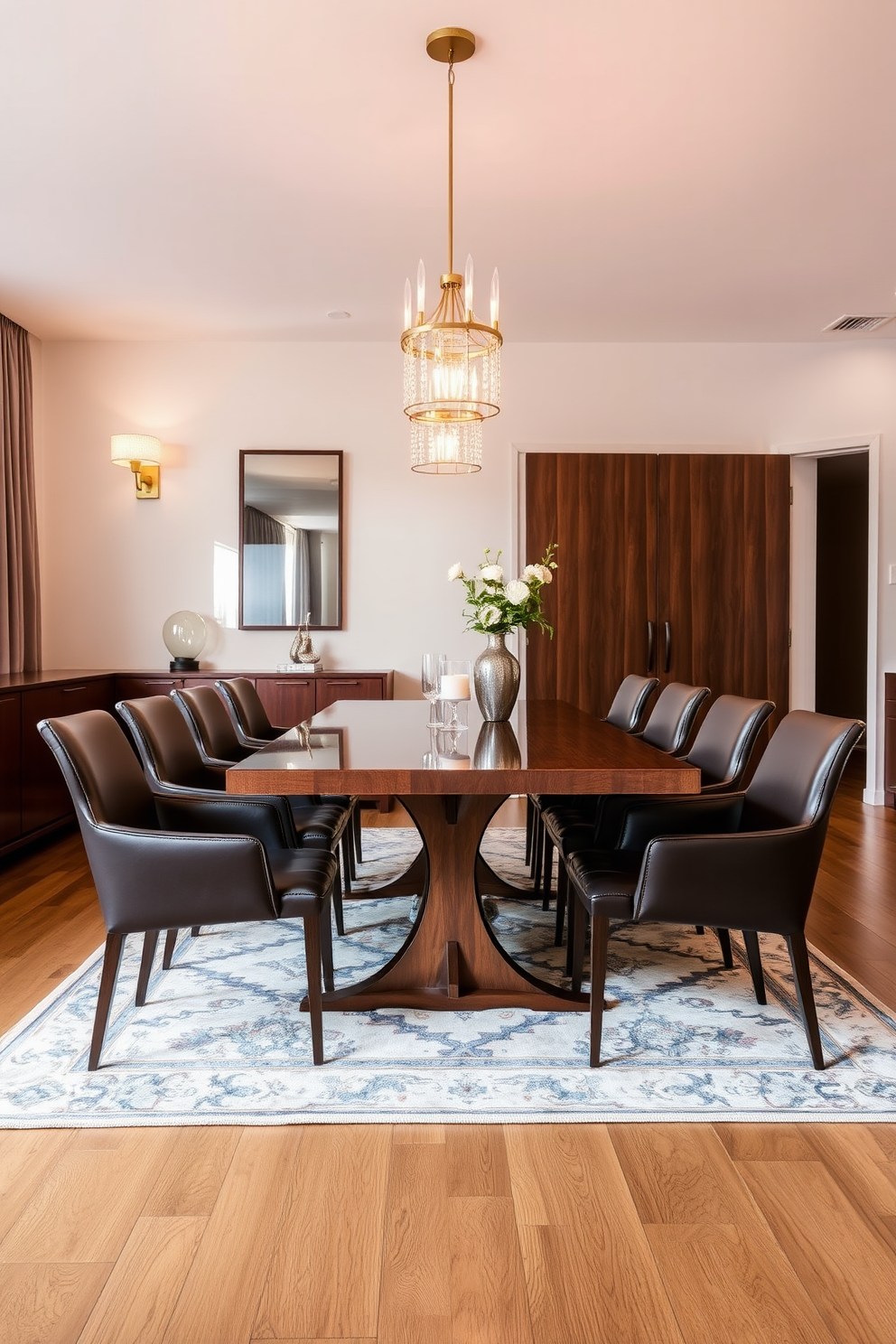 Sleek modern dining chairs upholstered in high-quality leather surround a polished wooden dining table. The room features elegant lighting fixtures that create a warm ambiance, complemented by a stylish rug underfoot.