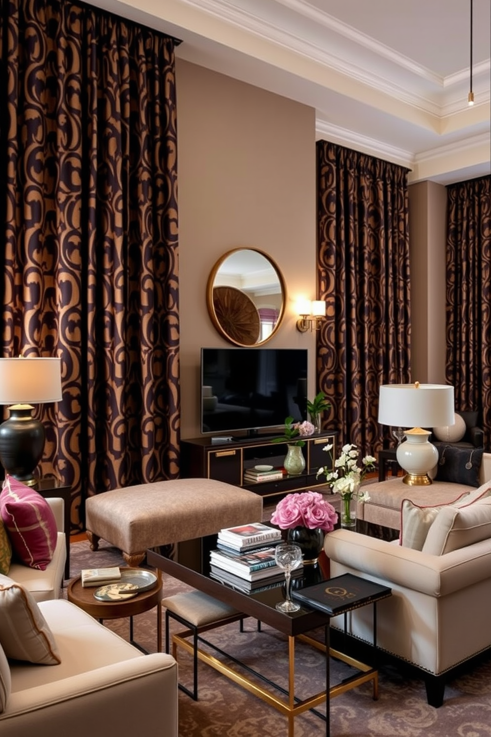 A luxury family room featuring bold patterned curtains that add a striking visual interest to the space. The room is designed with plush seating, a stylish coffee table, and elegant decor that creates a warm and inviting atmosphere.