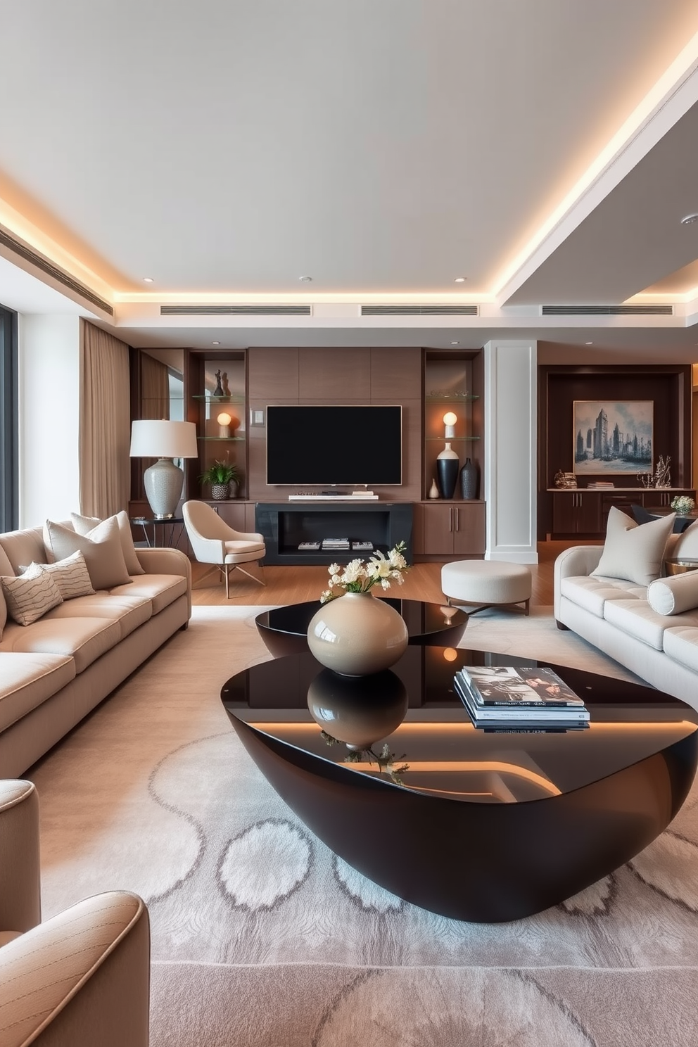 A luxury family room featuring sleek coffee tables with unique shapes that serve as artistic focal points. The room is adorned with plush seating arrangements and elegant decor that enhance the overall sophistication of the space.