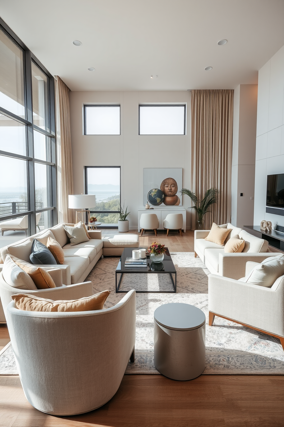 Textured wall panels create a stunning backdrop in a luxury family room. The room features plush seating arrangements, a large sectional sofa, and accent chairs that invite relaxation and conversation. Warm lighting enhances the ambiance, while a statement chandelier adds elegance to the space. A sleek coffee table sits atop a soft area rug, providing a perfect spot for family gatherings and entertainment.