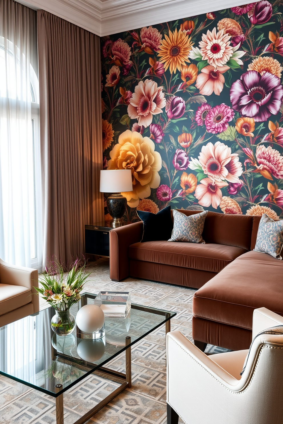 A luxury family room featuring an accent wall adorned with bold floral wallpaper that adds a vibrant touch to the space. The room includes a plush sectional sofa in a rich fabric, paired with a sleek glass coffee table and stylish accent chairs for a cozy yet sophisticated atmosphere.