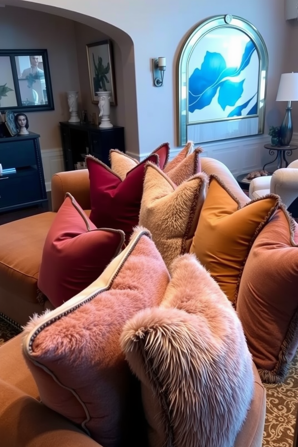 Luxurious throw pillows in various textures and colors are strategically placed on a plush sectional sofa, enhancing both comfort and style. The family room features a warm color palette with elegant decor elements, creating an inviting atmosphere for relaxation and gatherings.