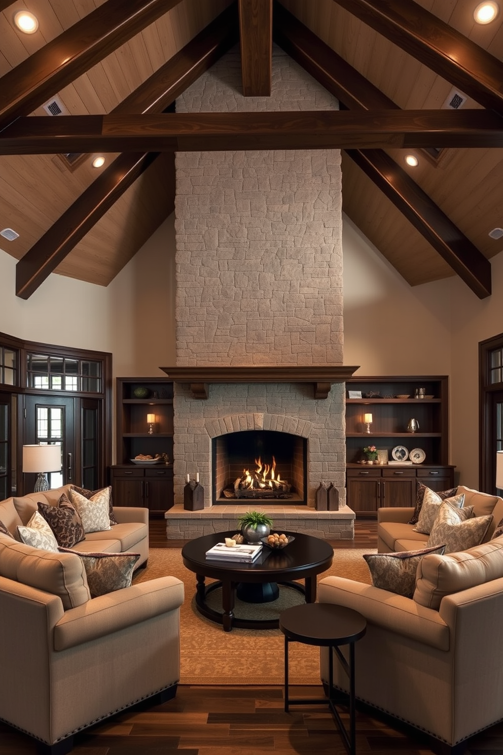 A luxury family room features a grand fireplace as the central gathering spot. Plush seating arrangements surround the fireplace, inviting warmth and comfort for family gatherings. Rich wooden beams adorn the ceiling, adding an element of rustic elegance. Soft, ambient lighting creates a cozy atmosphere, perfect for relaxation and entertainment.