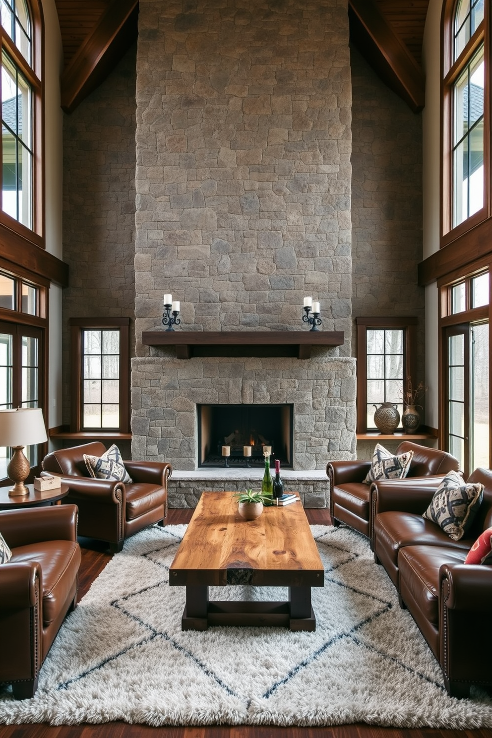 A luxurious family room designed with natural materials like stone and wood. The space features a grand stone fireplace as the focal point, surrounded by comfortable leather sofas and a reclaimed wood coffee table. Large windows allow natural light to flood the room, highlighting the earthy tones of the decor. A plush area rug anchors the seating arrangement, while decorative throw pillows add a pop of color and texture.