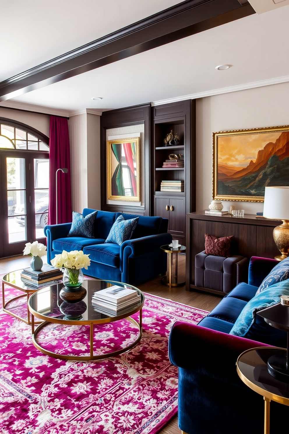 Plush velvet sofas in rich jewel tones create a warm and inviting atmosphere in the family room. A large area rug anchors the seating area, while elegant accent tables complement the luxurious furnishings.