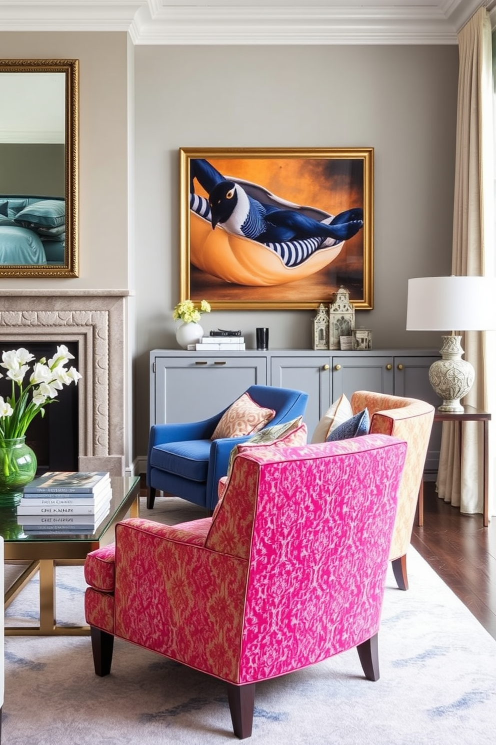 Colorful accent chairs add a playful contrast to the luxury family room. The chairs are upholstered in vibrant fabrics, complementing the neutral tones of the surrounding decor.