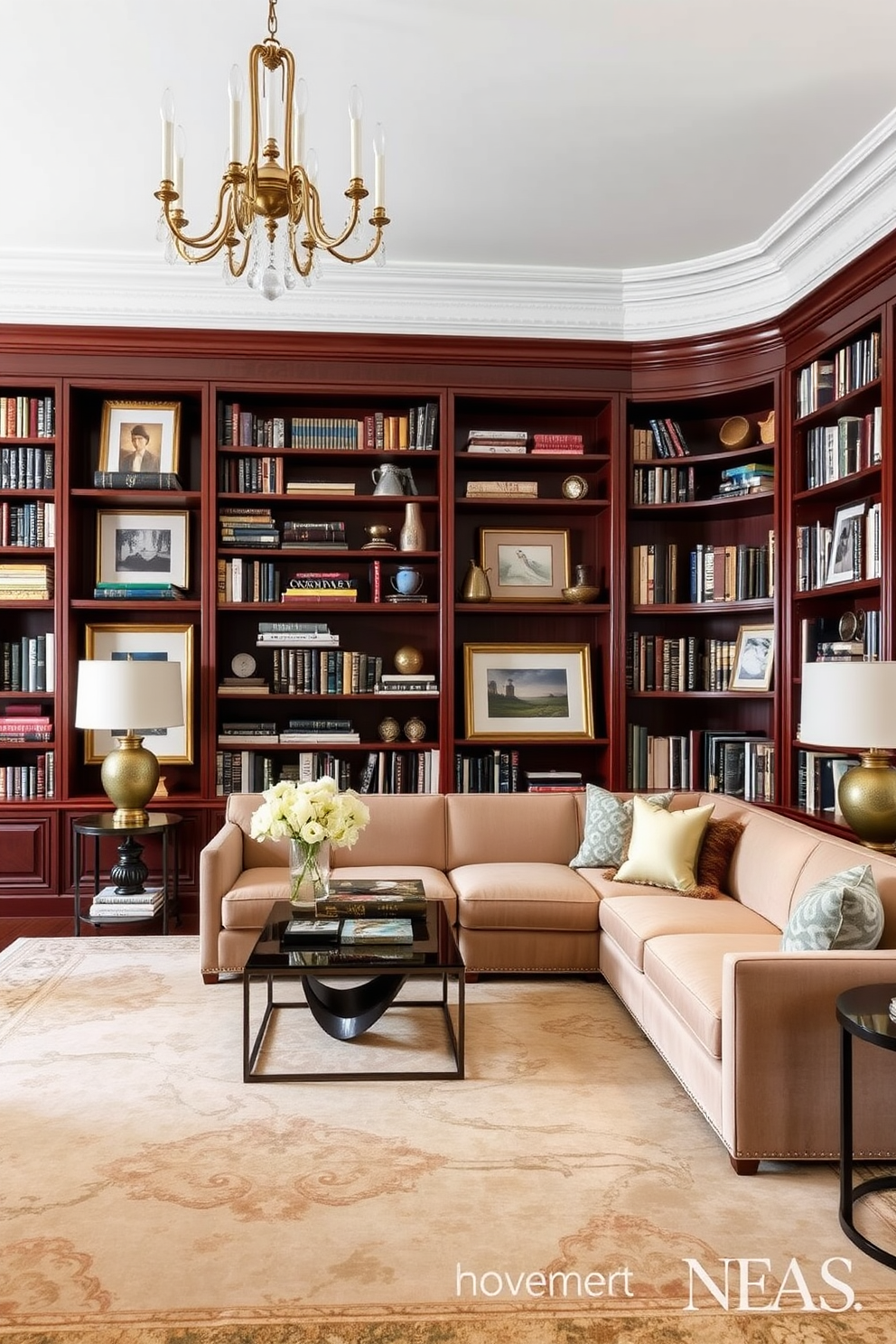 Classic bookshelves filled with curated collections. The shelves are made of rich mahogany wood and are adorned with a variety of books, decorative objects, and framed photographs. Luxury Family Room Design Ideas. The space features a plush sectional sofa in a neutral tone, complemented by a large area rug and elegant lighting fixtures that create a warm and inviting atmosphere.