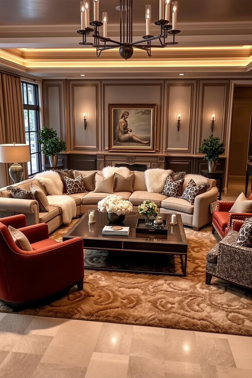 A stylish family room setting featuring a pair of elegant ottomans that provide extra seating. The room is adorned with plush fabrics and a warm color palette, creating an inviting atmosphere for family gatherings. The ottomans are upholstered in a rich velvet fabric, complemented by decorative stitching and wooden legs. Soft lighting from a chic chandelier enhances the room's ambiance, while a large area rug ties the seating arrangement together.