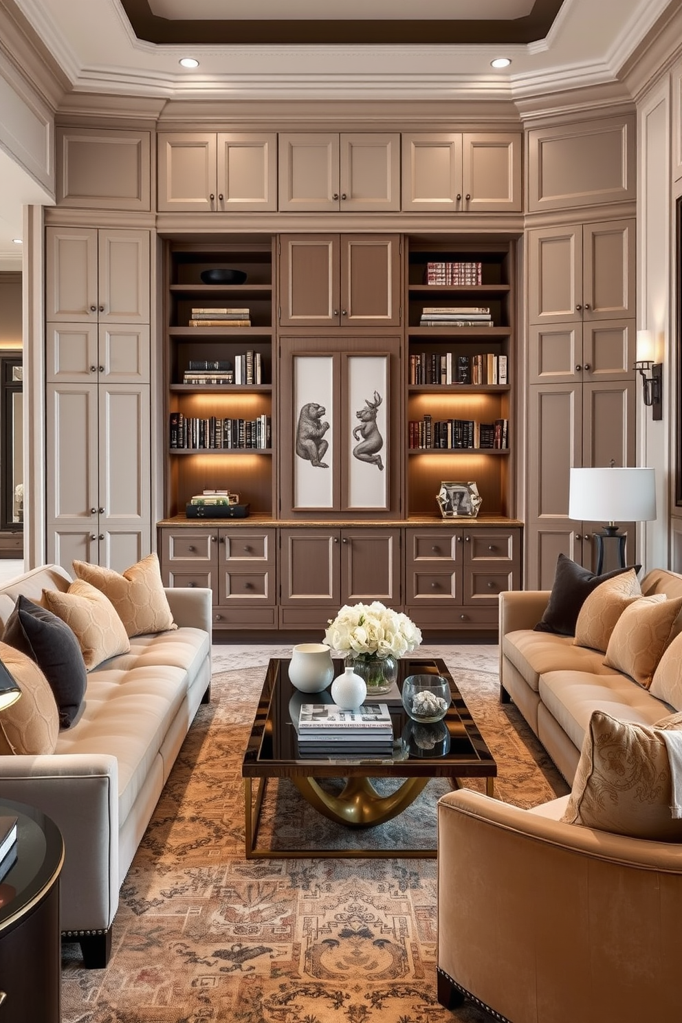 A luxury family room features layered rugs that create a warm and inviting atmosphere. The first rug is a plush cream shag, while a larger, intricately patterned area rug sits beneath it, adding depth and visual interest.