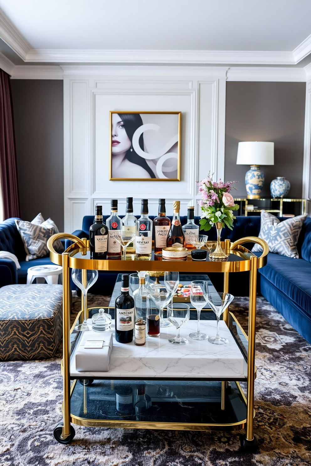 An elegant bar cart for entertaining guests. The cart is crafted from polished brass with a glass top, adorned with an assortment of fine spirits and crystal glassware. Luxury family room design ideas. The room features plush velvet sofas in deep jewel tones, complemented by a sleek marble coffee table and a large area rug that adds warmth and texture.