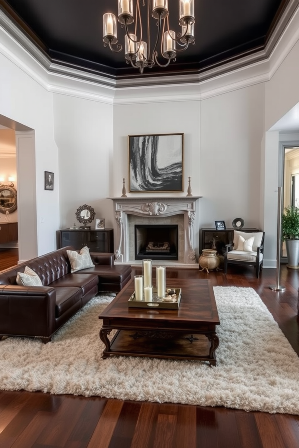 A luxurious family room that blends modern and vintage decor styles. The space features a sleek leather sectional sofa paired with a vintage wooden coffee table adorned with a decorative tray and candles. On one wall, a contemporary artwork hangs above a classic ornate fireplace, creating a striking focal point. Plush area rugs in neutral tones cover the hardwood floor, while elegant lighting fixtures add warmth to the room.