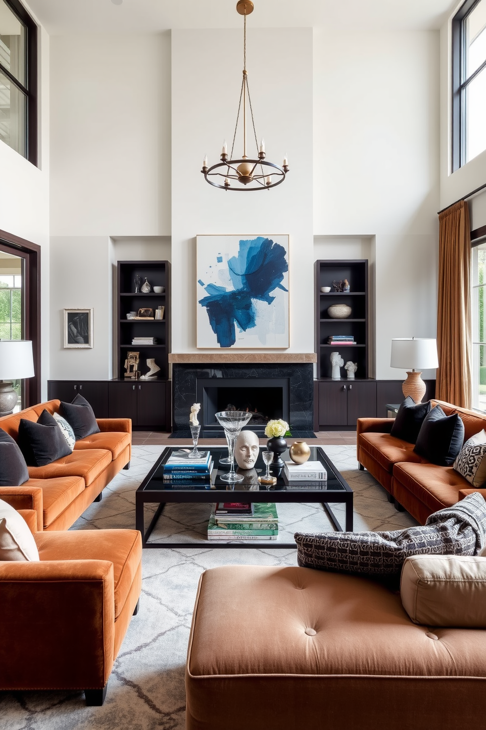 A luxury family room featuring statement art pieces as focal points. The room is designed with plush seating arrangements in rich fabrics, complemented by a large abstract painting that hangs above the fireplace. Large windows allow natural light to flood the space, highlighting the elegant color palette of deep blues and warm neutrals. A stylish coffee table sits at the center, adorned with art books and decorative objects that enhance the artistic theme.