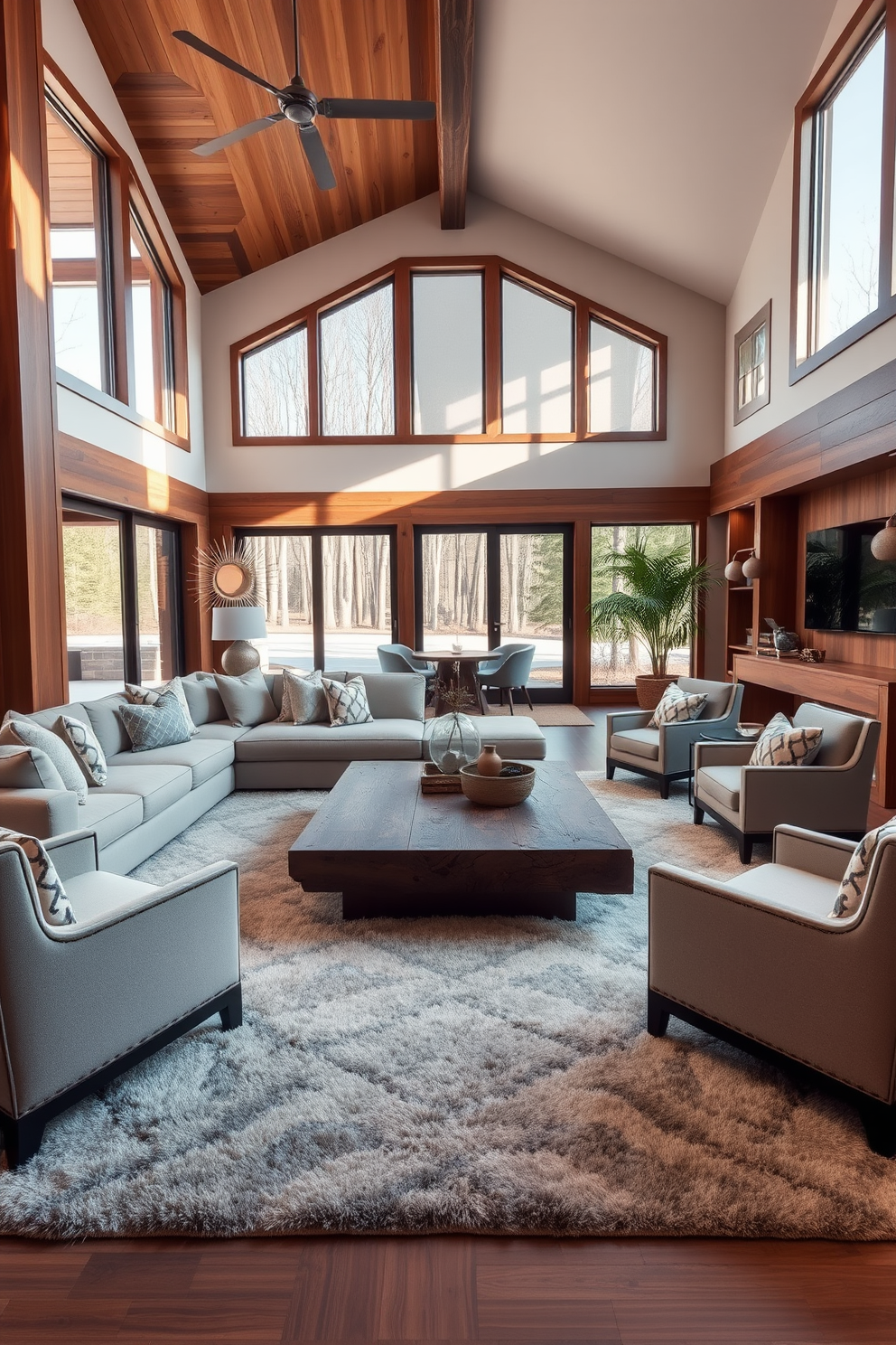 A luxury family room featuring a neutral color palette complemented by bold accent pieces. The space includes a plush sectional sofa in a soft beige, paired with vibrant throw pillows in deep blue and mustard yellow. A sleek coffee table made of glass and brass sits in the center, surrounded by a cozy area rug with geometric patterns. Floor-to-ceiling windows allow natural light to flood the room, highlighting the elegant artwork displayed on the walls.