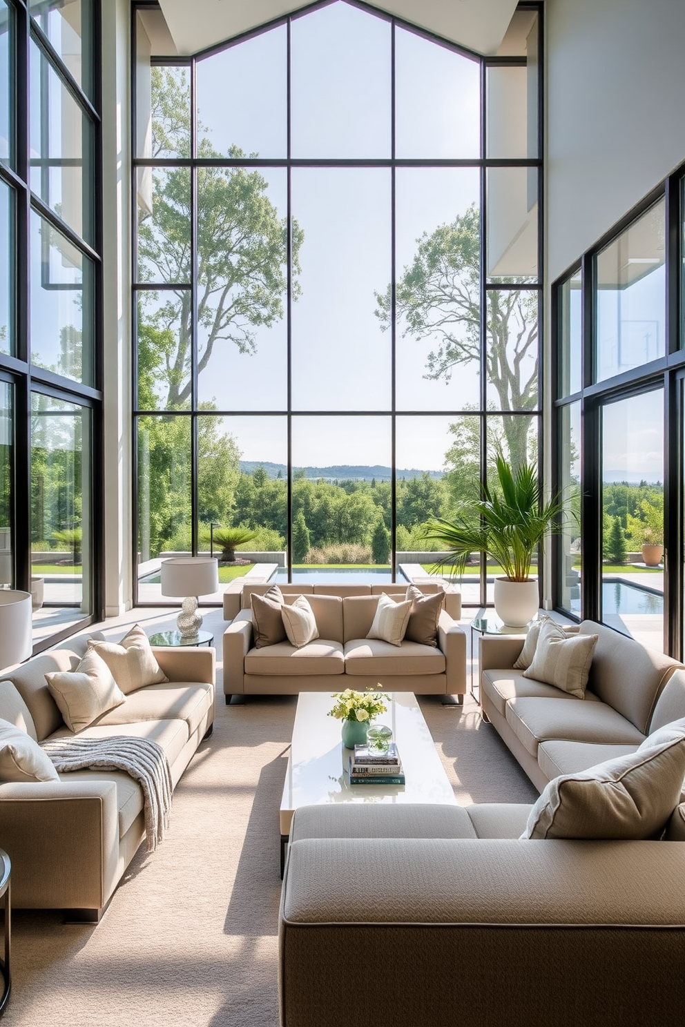 A luxury family room with floor to ceiling windows that fill the space with natural light. Plush sofas in neutral tones are arranged around a sleek coffee table, creating a cozy yet elegant atmosphere.